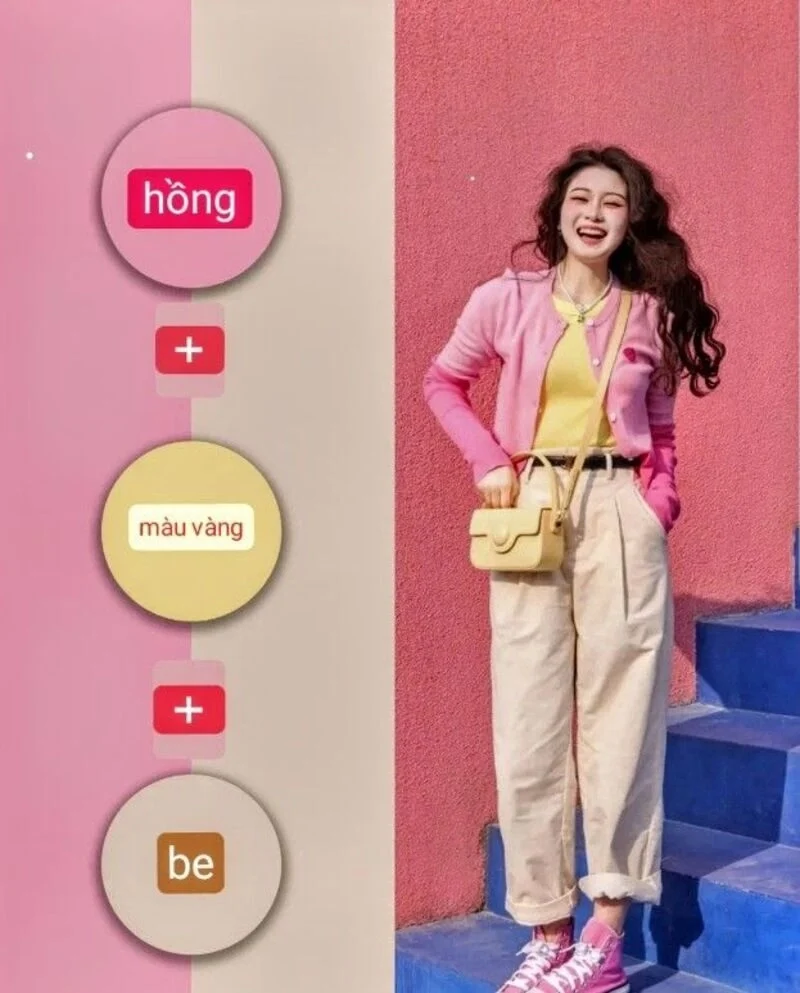 Đơn giản năng động với trang phục vàng phối hồng